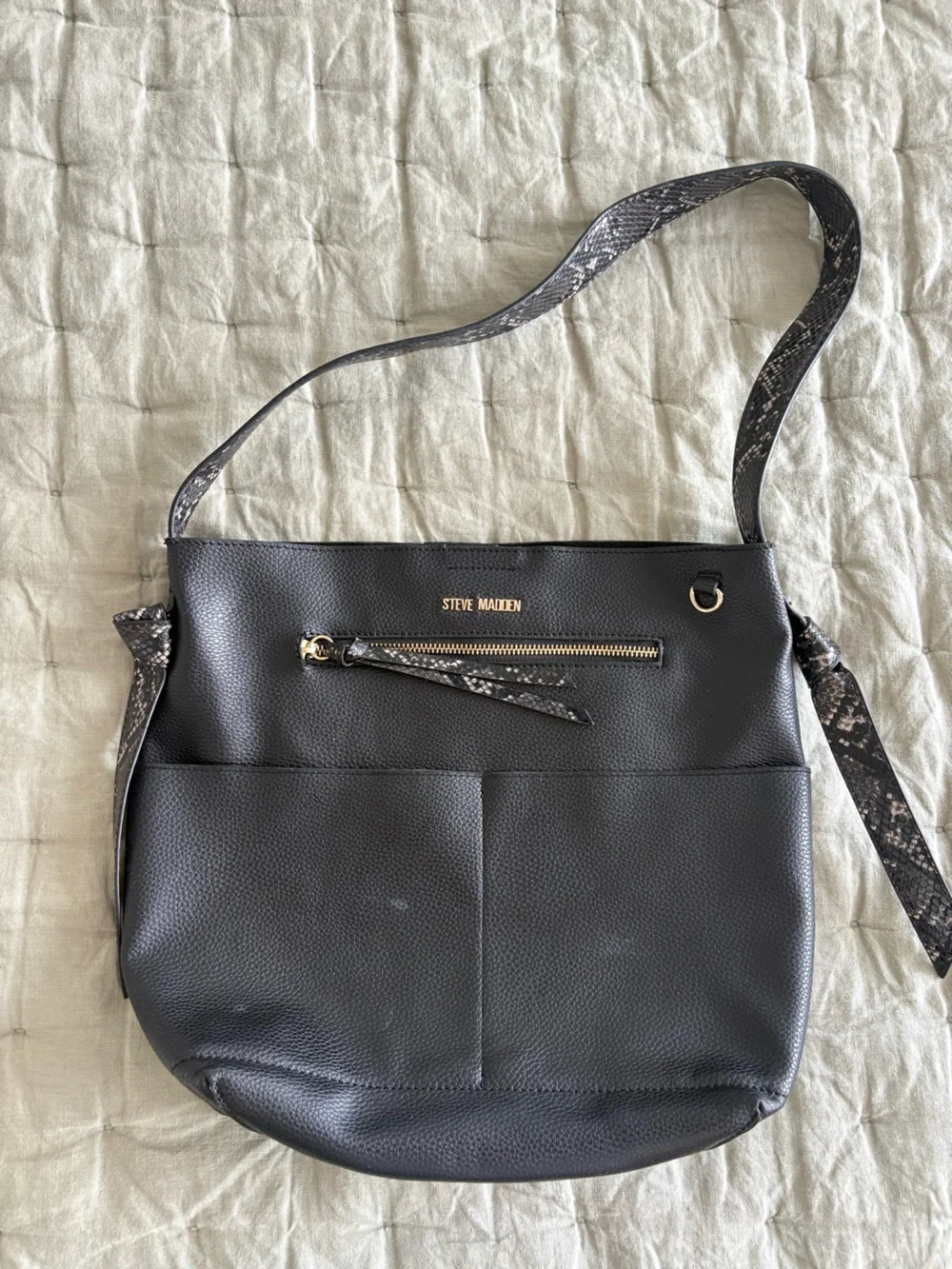 Steve Madden Black Shoulder Bag with “Peekaboo” Snake-Print Strap